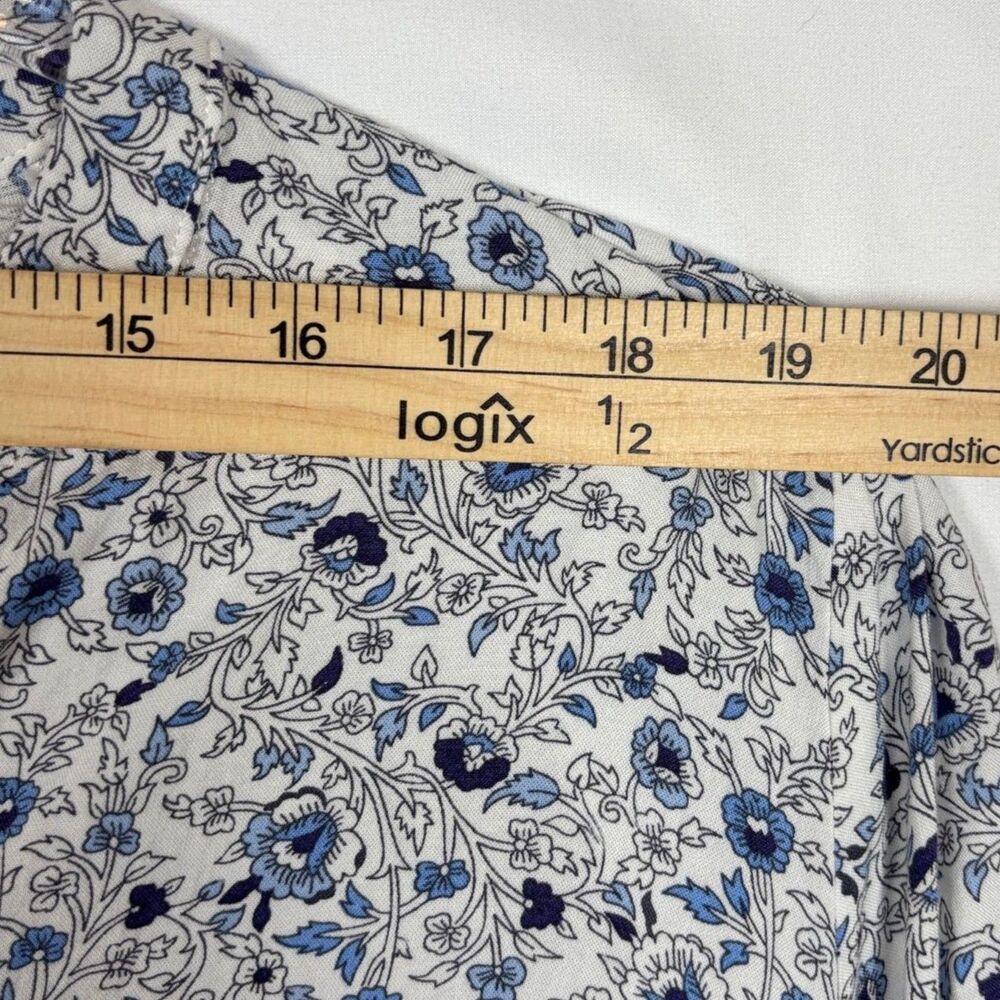Jones New York JNY Floral V Neck Blouse 2X Blue White Tie Sleeve Boho Coastal - Picture 8 of 11